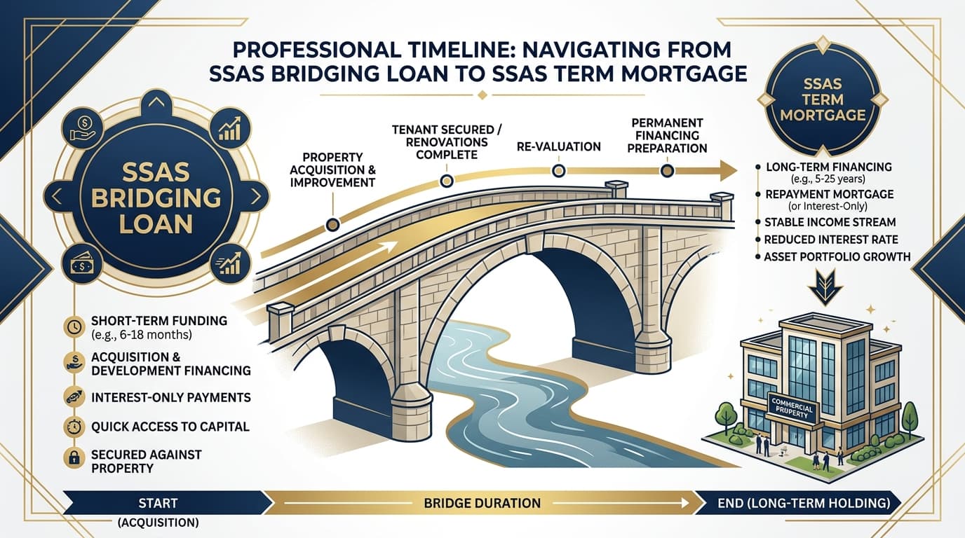 Timeline diagram showing SSAS bridging loan transitioning to term mortgage