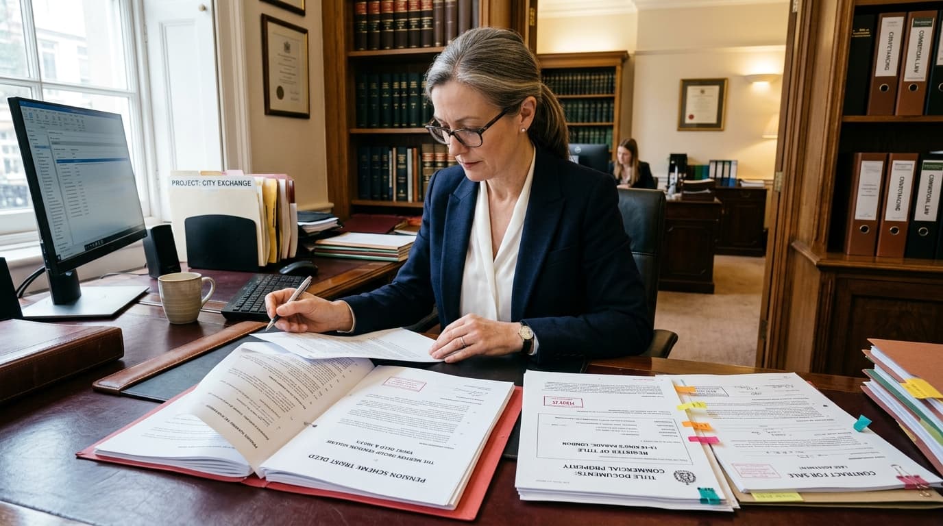 Solicitor reviewing SSAS pension trust conveyancing documents in a law office