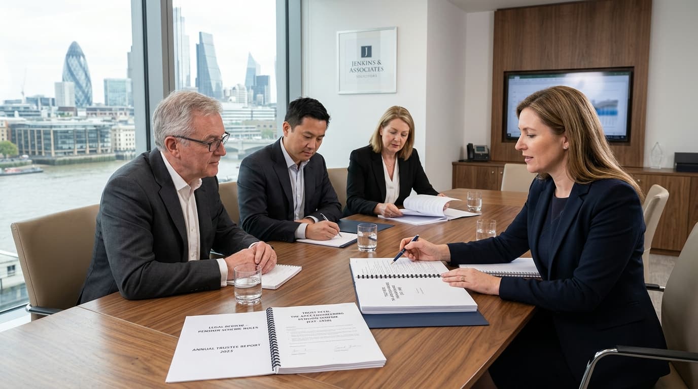 Legal documents and pension scheme paperwork being reviewed by business professionals