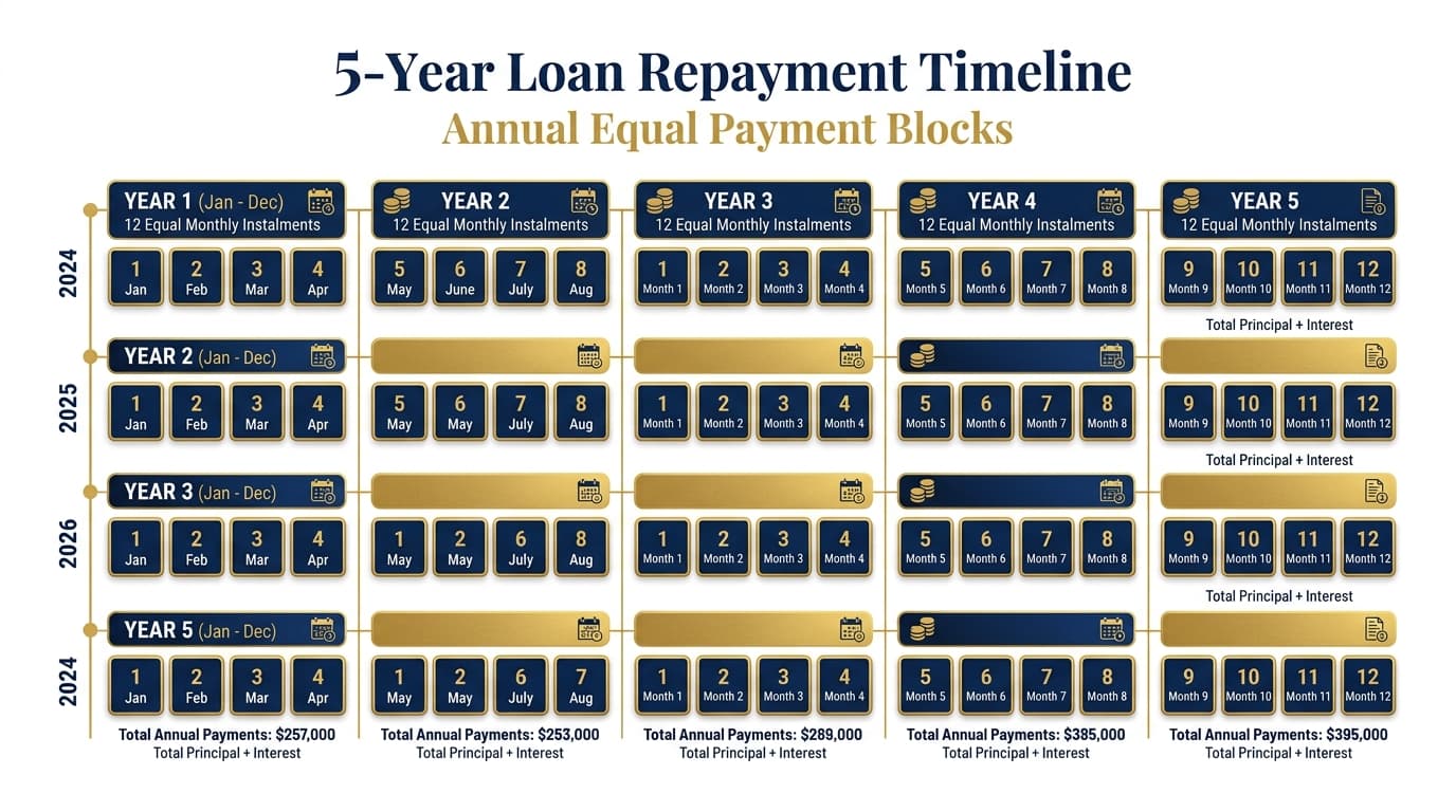 Timeline showing 5-year SSAS loanback repayment schedule with equal instalments
