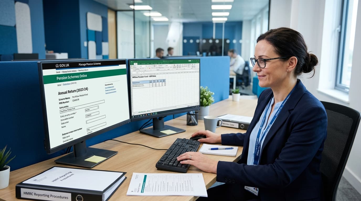 SSAS trustee completing HMRC pension scheme reporting requirements on laptop