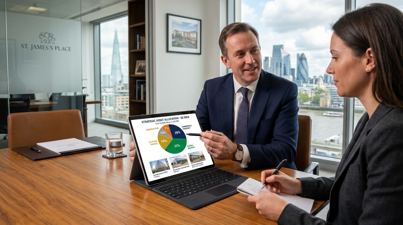Diversified investment portfolio chart showing property, equities, bonds and cash allocation