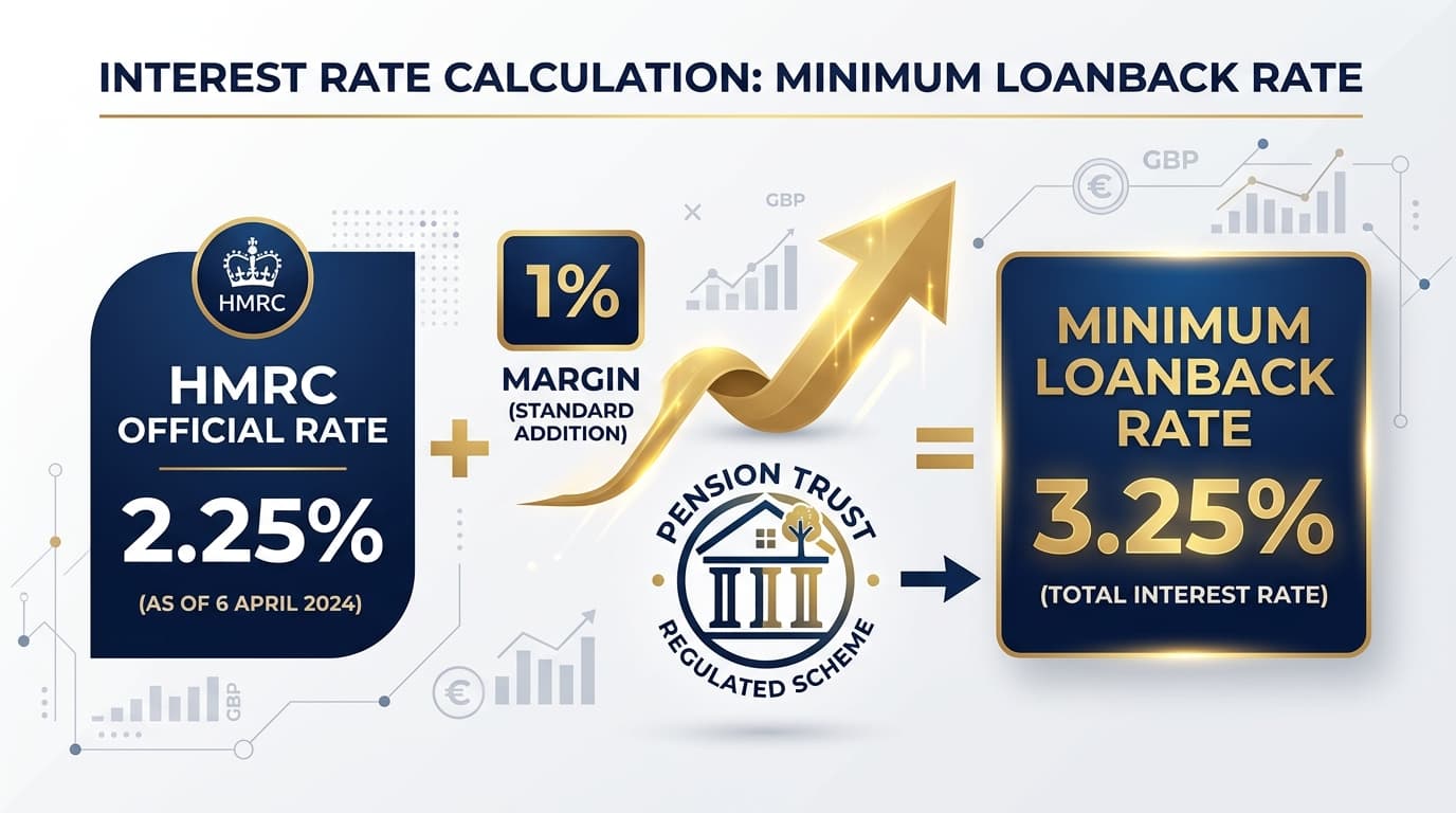 Interest rate dial showing SSAS loanback minimum rate of base rate plus 1 percent