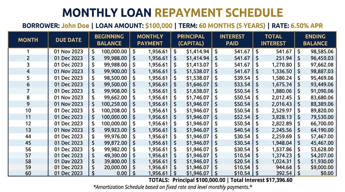 Repayment schedule table showing monthly SSAS loanback instalments over 5 years