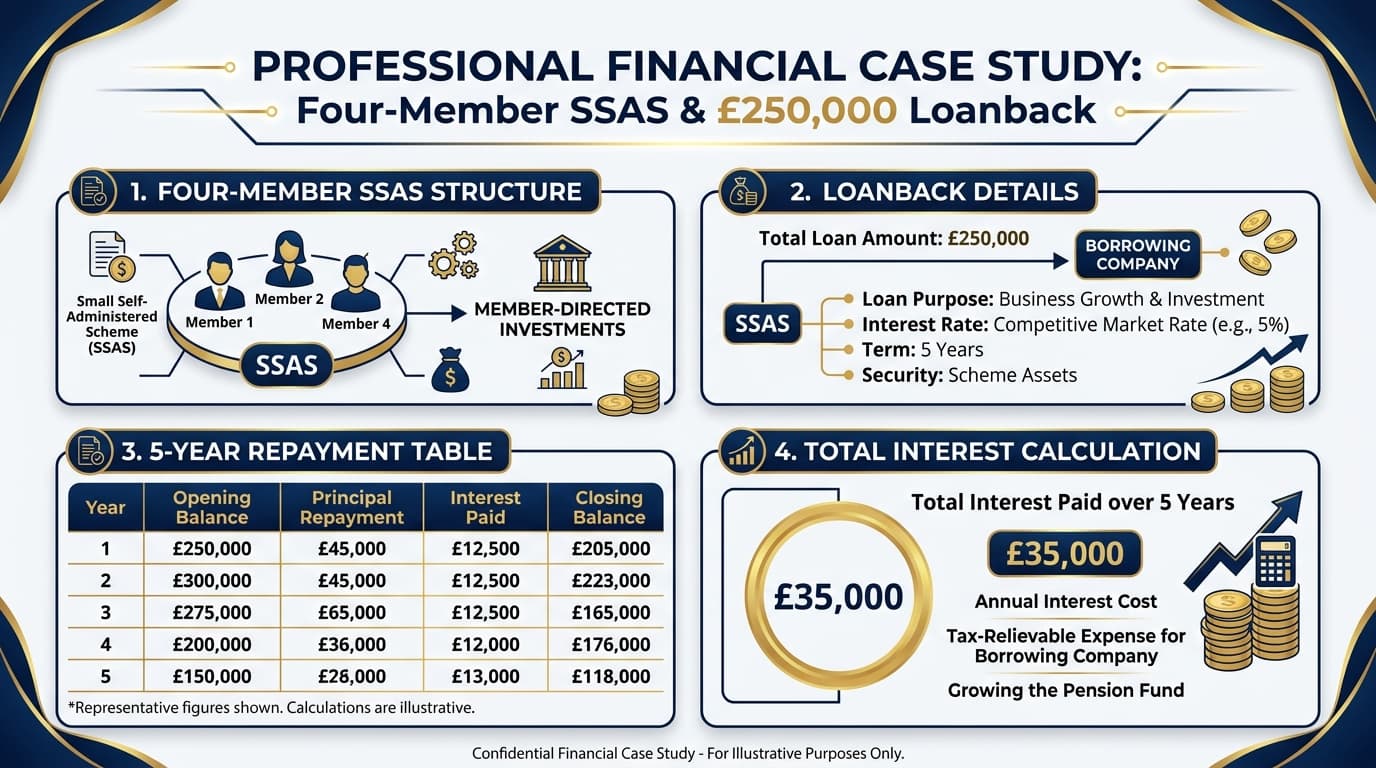 Worked example spreadsheet showing SSAS loanback repayment schedule and financial impact