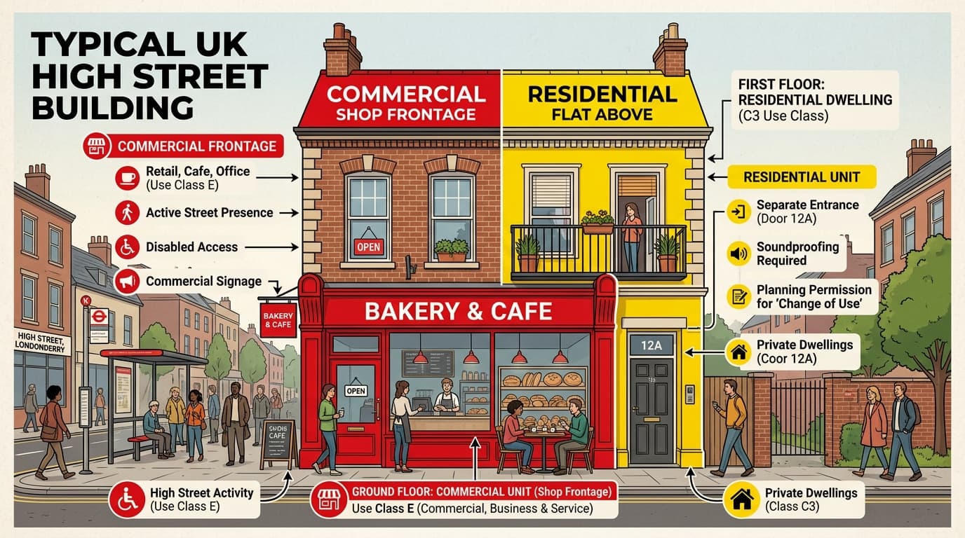 UK mixed-use property showing commercial premises below and residential flat above