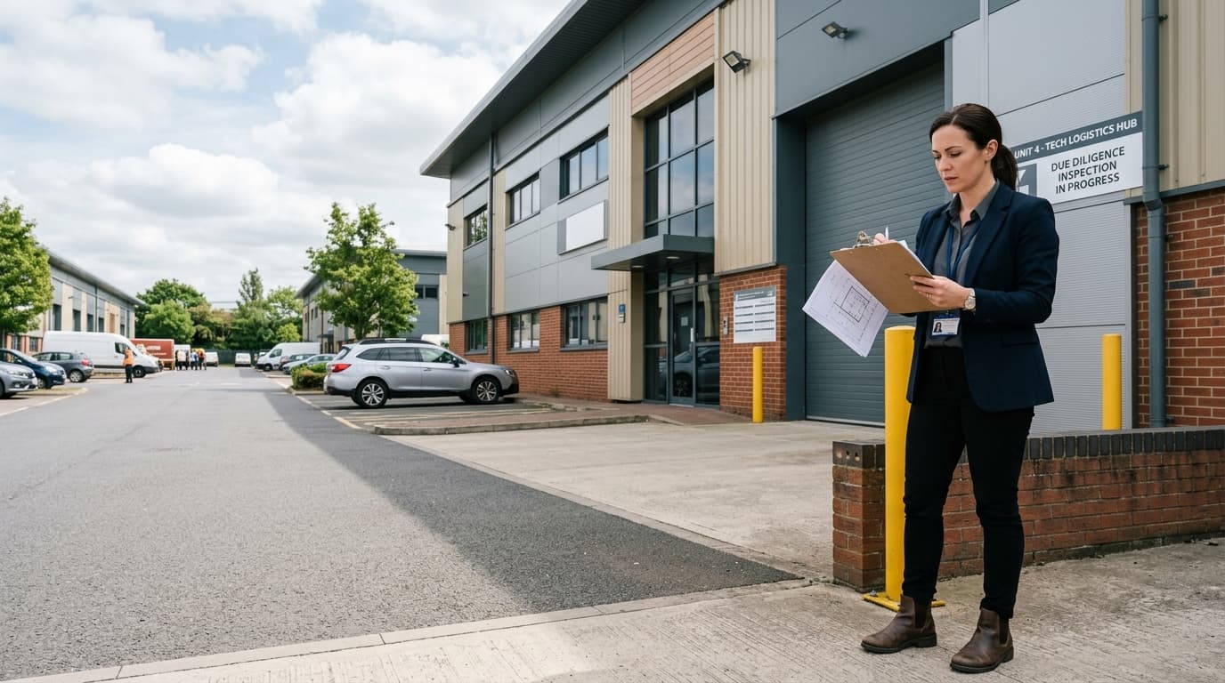 Trustee reviewing property due diligence checklist documents with a commercial building in background