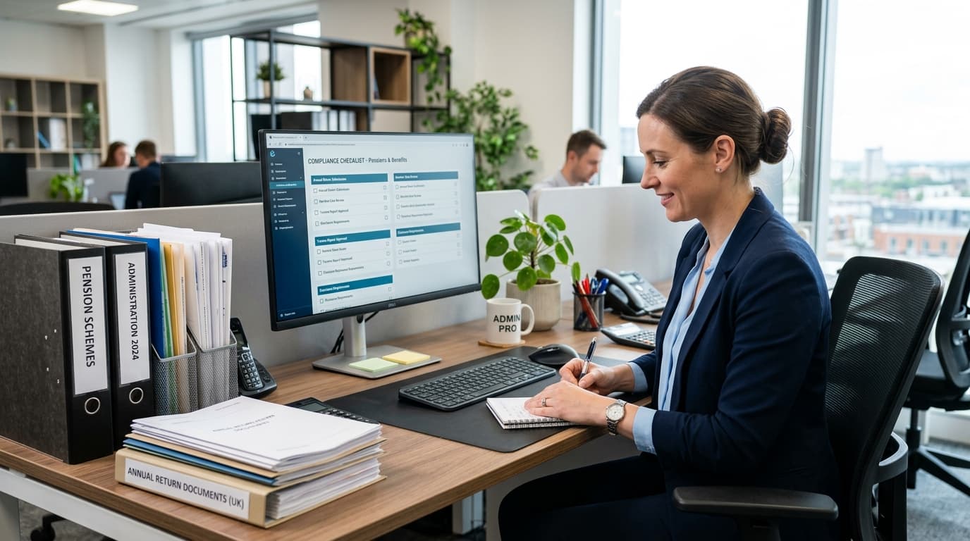 Pension scheme administrator reviewing annual compliance documents at a desk