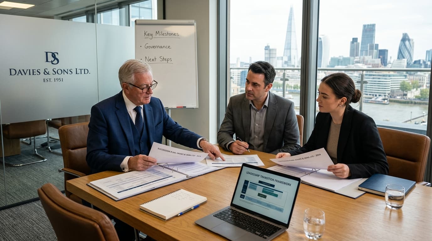 Family business meeting discussing pension succession planning across generations