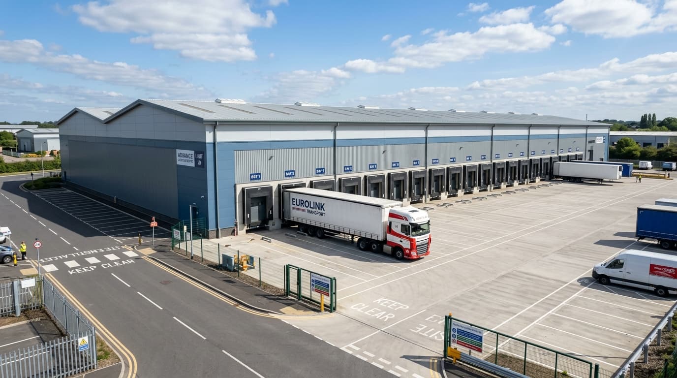 Modern warehouse unit with loading doors and HGV access on a UK industrial estate