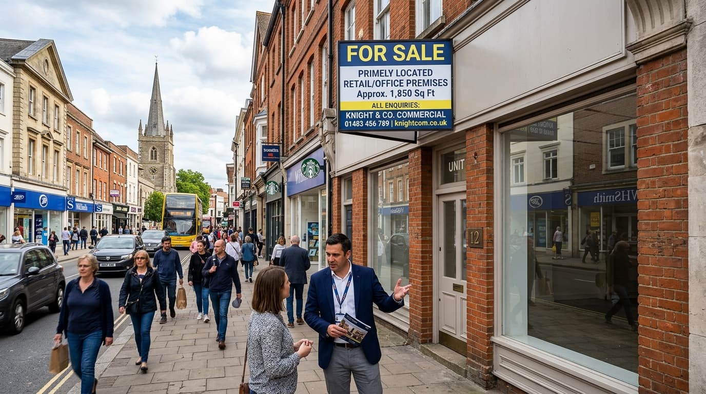 Commercial property with FOR SALE sign, representing the decision timing for SSAS property disposal