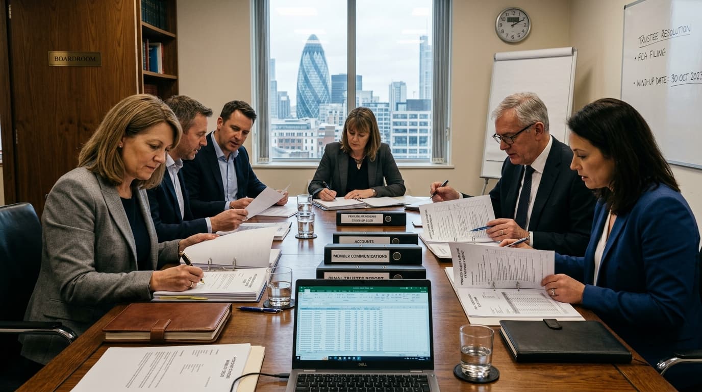 Trustees reviewing final pension scheme documents before scheme wind-up